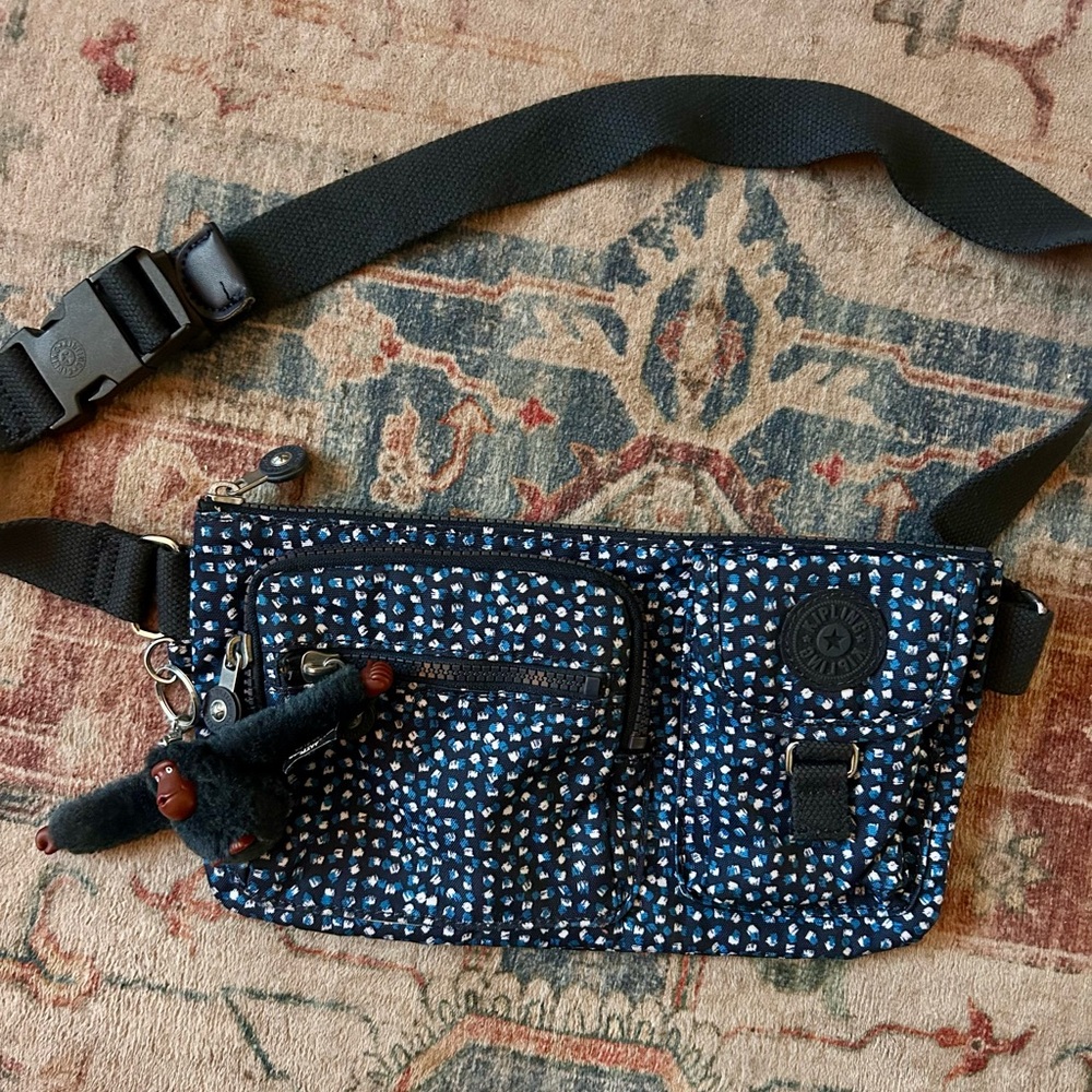 Kipling Satchel Waist Belt Bag Crossbody Fanny Pack Monkey Key Charm Blue Travel
